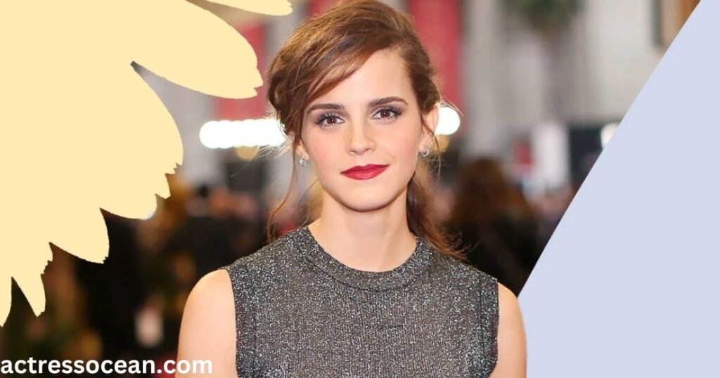 Emma Watson smiling confidently in a professional setting, indicating her transition to adult roles.